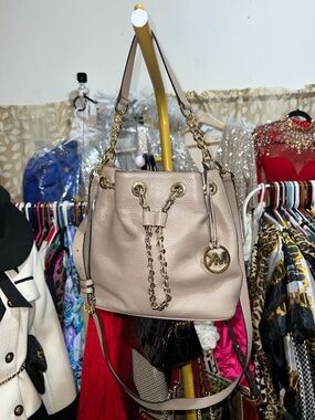 Michael Kors Blush Beige Pebbled Leather Drawstring Shoulder Bag
